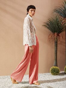 SHEIN Unity Drawstring Waist Slant Pocket Satin Trousers - Coral Orange - View 6