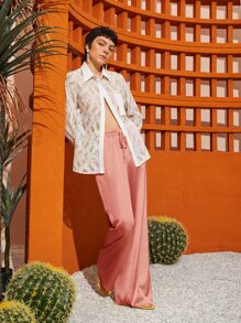 SHEIN Unity Drawstring Waist Slant Pocket Satin Trousers - Coral Orange - View 7