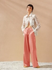 SHEIN Unity Drawstring Waist Slant Pocket Satin Trousers - Coral Orange - View 8