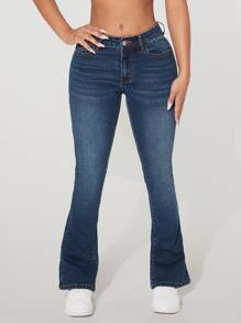 SHEIN PETITE 斜口袋靴型牛仔褲 - 深色水洗藍 - 查看 1