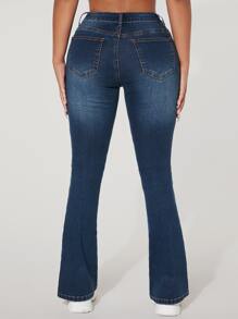 SHEIN PETITE 斜口袋靴型牛仔褲 - 深色水洗藍 - 查看 2