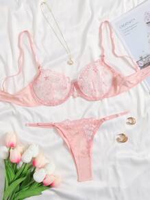 Pure Desire Sheer Mesh Embroidery Underwire Lingerie Set - Baby Pink - View 1