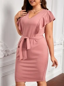 SHEIN Clasi Vestido con cinturón ribete con fruncido - Rosa vieja - Ver 2