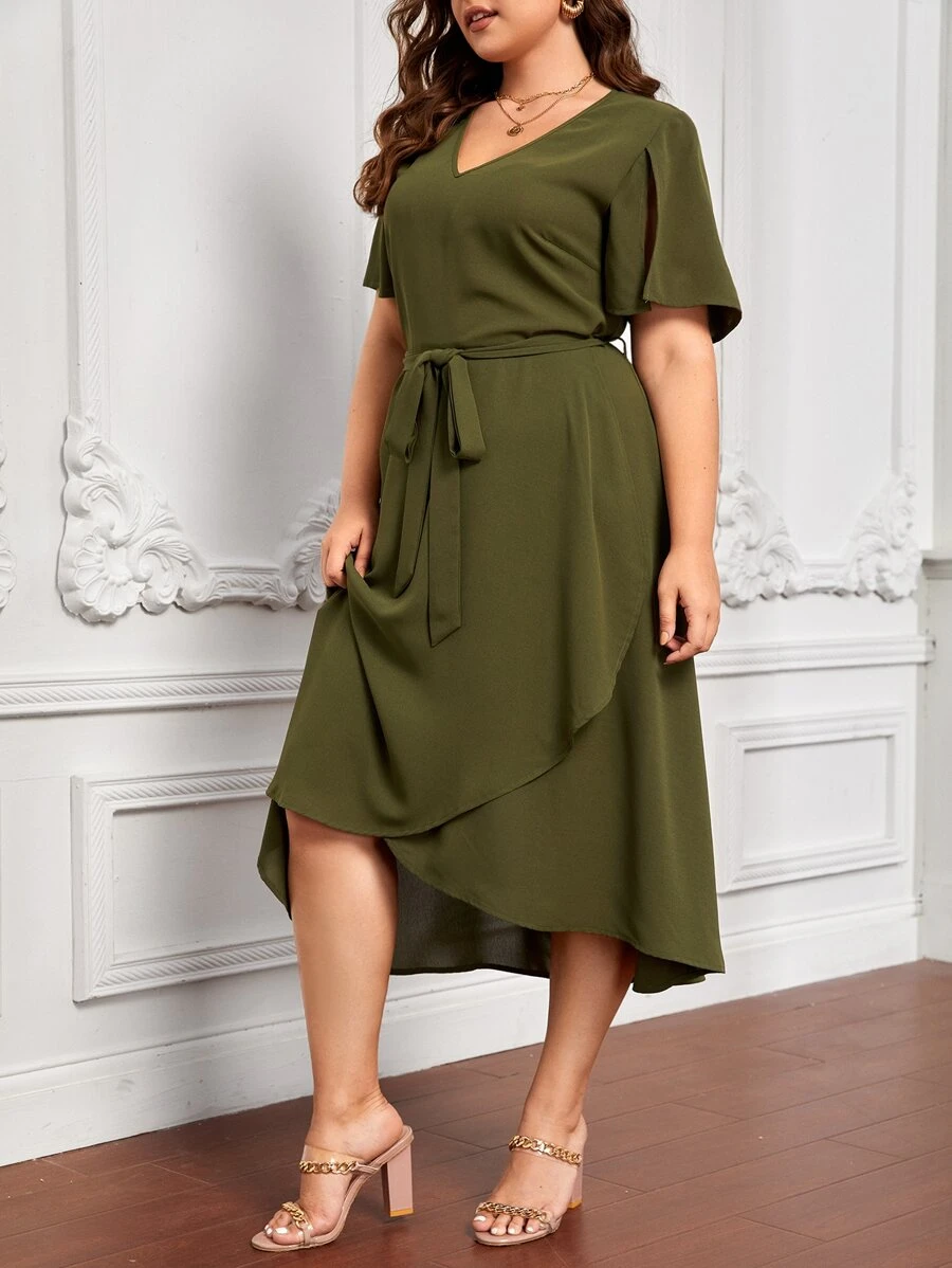 SHEIN Clasi Plus Slit Sleeve Wrap Hem Belted Dress | SHEIN USA