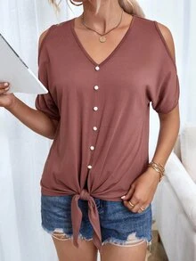 Cold Shoulder Button Front Tee - Dusty Pink - View 2