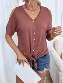 Cold Shoulder Button Front Tee - Dusty Pink - View 6