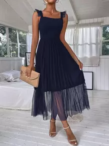 Chiquease Pleated Ruffle Hem Cami Dress - Navy Blue - View 1