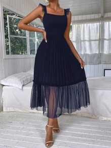 Chiquease Pleated Ruffle Hem Cami Dress - Navy Blue - View 5