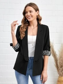 SHEIN LUNE Roll Tab Sleeve Lapel Collar Blazer - Black - View 1