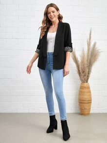 SHEIN LUNE Roll Tab Sleeve Lapel Collar Blazer - Black - View 3