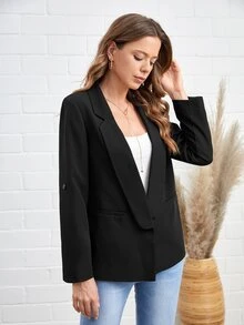 SHEIN LUNE Roll Tab Sleeve Lapel Collar Blazer - Black - View 4