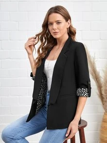 SHEIN LUNE Roll Tab Sleeve Lapel Collar Blazer - Black - View 5