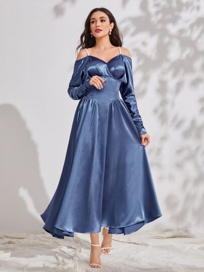 SHEIN コールドショルダー サテン ドレス | SHEIN JAPAN