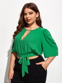 SHEIN Privé Plus Solid Tie Side Wrap Blouse - Green - View 4