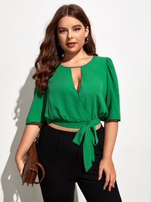 SHEIN Privé Plus Solid Tie Side Wrap Blouse - Green - View 5