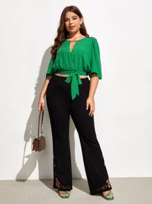 SHEIN Privé Plus Solid Tie Side Wrap Blouse - Green - View 6