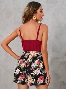 Floral Print Belted Cami Romper - Burgundy - View 2