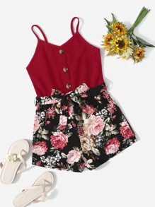 Floral Print Belted Cami Romper - Burgundy - View 1