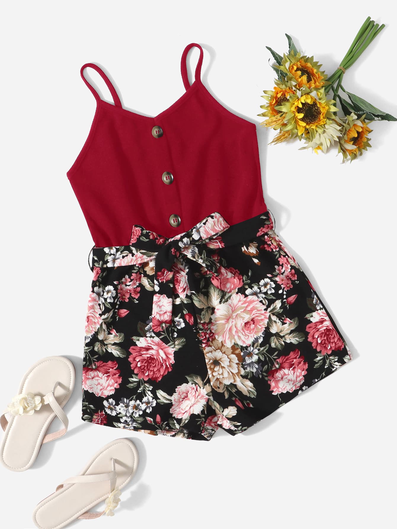 Floral Print Belted Cami Romper - Burgundy - View 1
