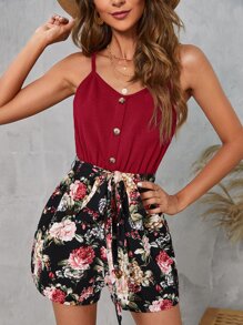 Floral Print Belted Cami Romper - Burgundy - View 4
