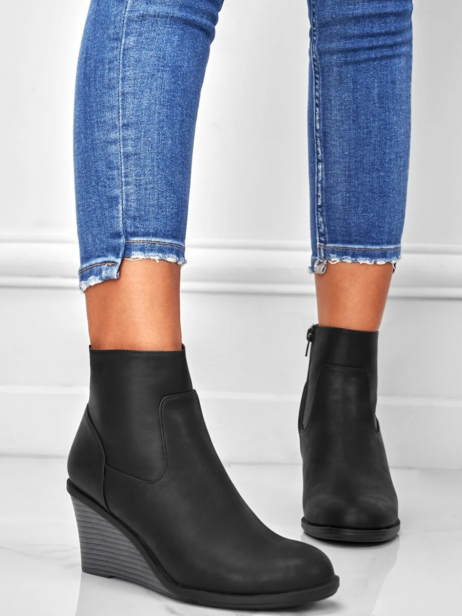 Women's Fashionable Wedge Heel Thick Bottom Boots With Side Zipper - Black - View 1