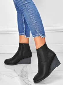 Women's Fashionable Wedge Heel Thick Bottom Boots With Side Zipper - Black - View 2