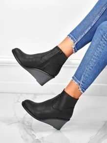 Women's Fashionable Wedge Heel Thick Bottom Boots With Side Zipper - Black - View 3