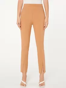 SHEIN Privé Zip Detail Split Hem Trousers - Khaki - View 1