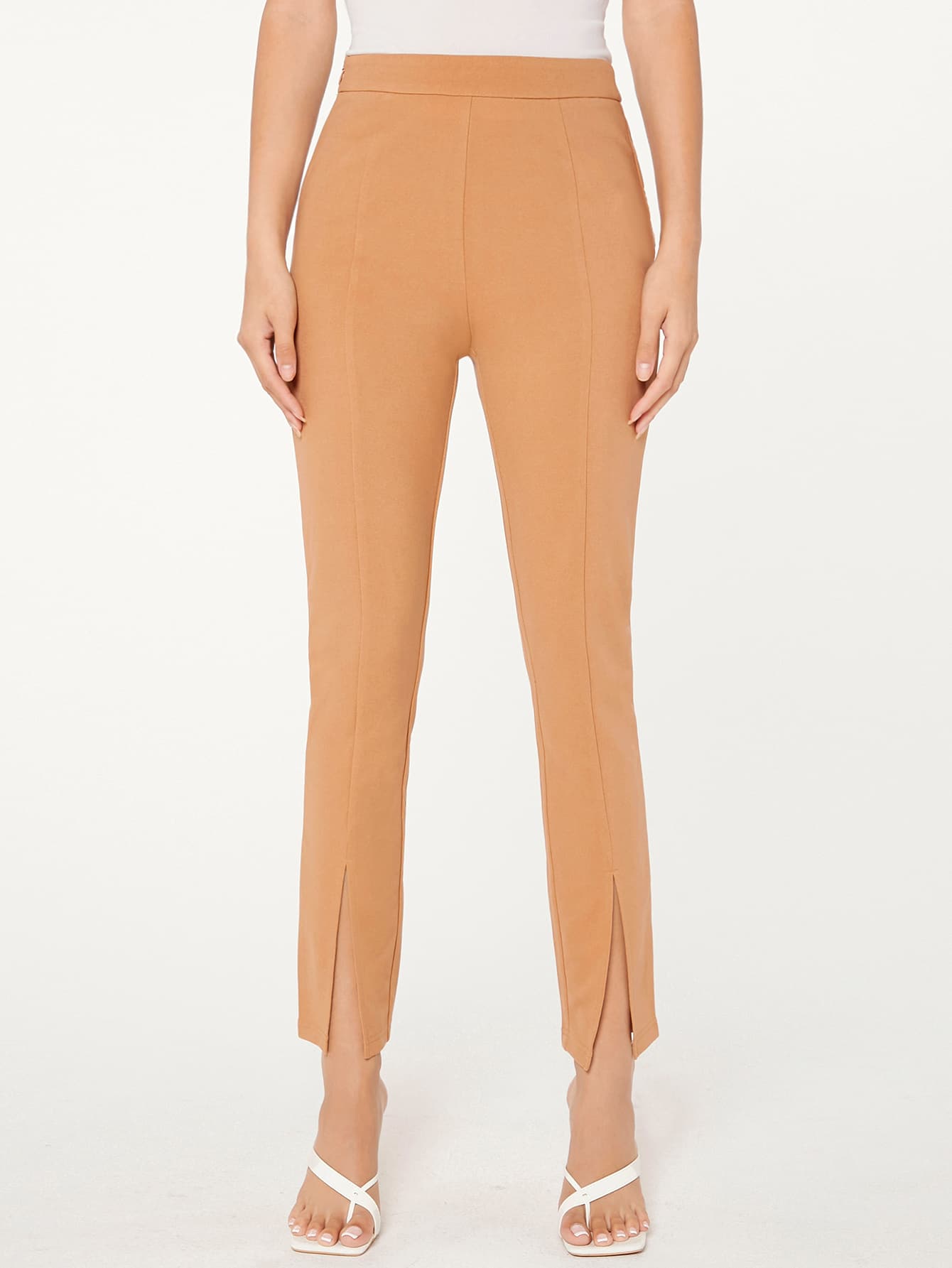 SHEIN Privé Zip Detail Split Hem Trousers - Khaki - View 1
