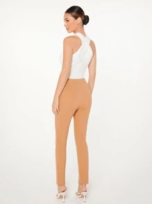 SHEIN Privé Zip Detail Split Hem Trousers - Khaki - View 2