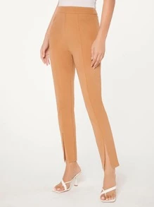 SHEIN Privé Zip Detail Split Hem Trousers - Khaki - View 5