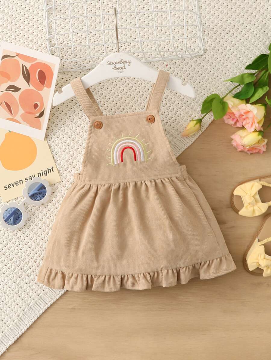 嬰兒女孩彩虹刺繡荷葉邊平口絨面背帶裙 - 駝色 - 查看 1