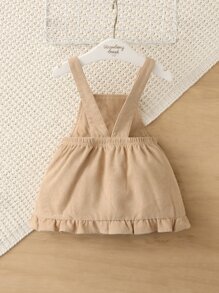 嬰兒女孩彩虹刺繡荷葉邊平口絨面背帶裙 - 駝色 - 查看 2