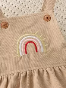 嬰兒女孩彩虹刺繡荷葉邊平口絨面背帶裙 - 駝色 - 查看 3