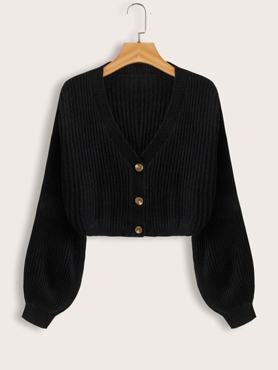 SHEIN EZwear Lantern Sleeve Button Front Rib Knit Cardigan,Long Sleeve Tops,Knitted Sweater In Fall/Winter