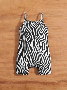 SHEIN Baby Girl Zebra Striped Cami Romper - Black and White - View 2