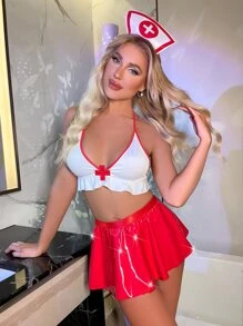 3 piezas Set disfraz de enfermera unido en contraste ribete con fruncido