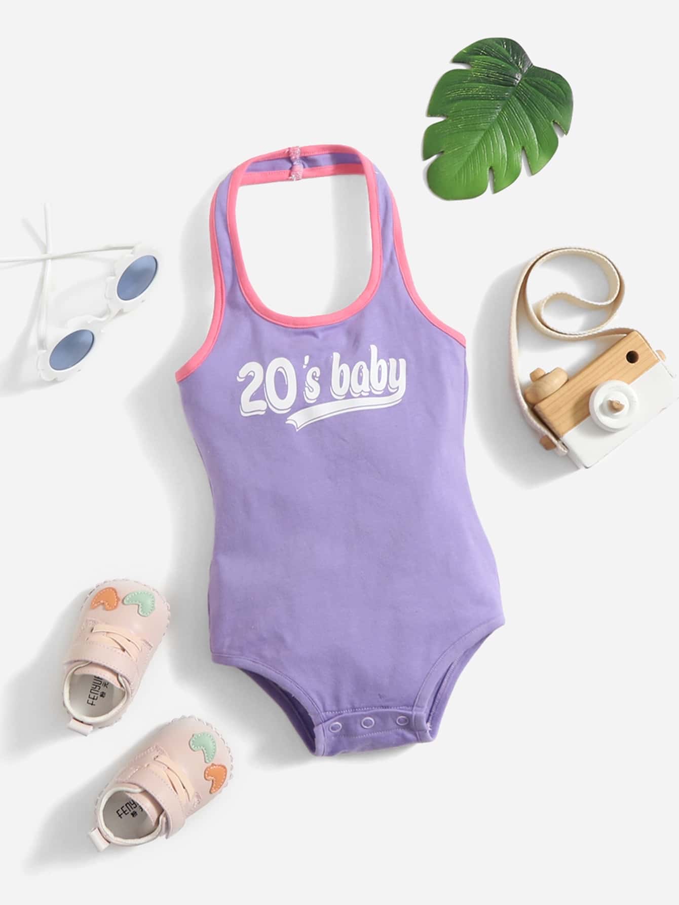 SHEIN Baby Girl Letter Graphic Contrast Binding Halter Bodysuit - Lilac Purple - View 1