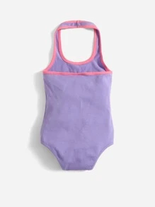 SHEIN Baby Girl Letter Graphic Contrast Binding Halter Bodysuit - Lilac Purple - View 2