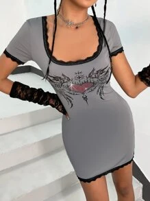 Đầm Tương phản ren Tim Giải trí - Xám - Xem 1