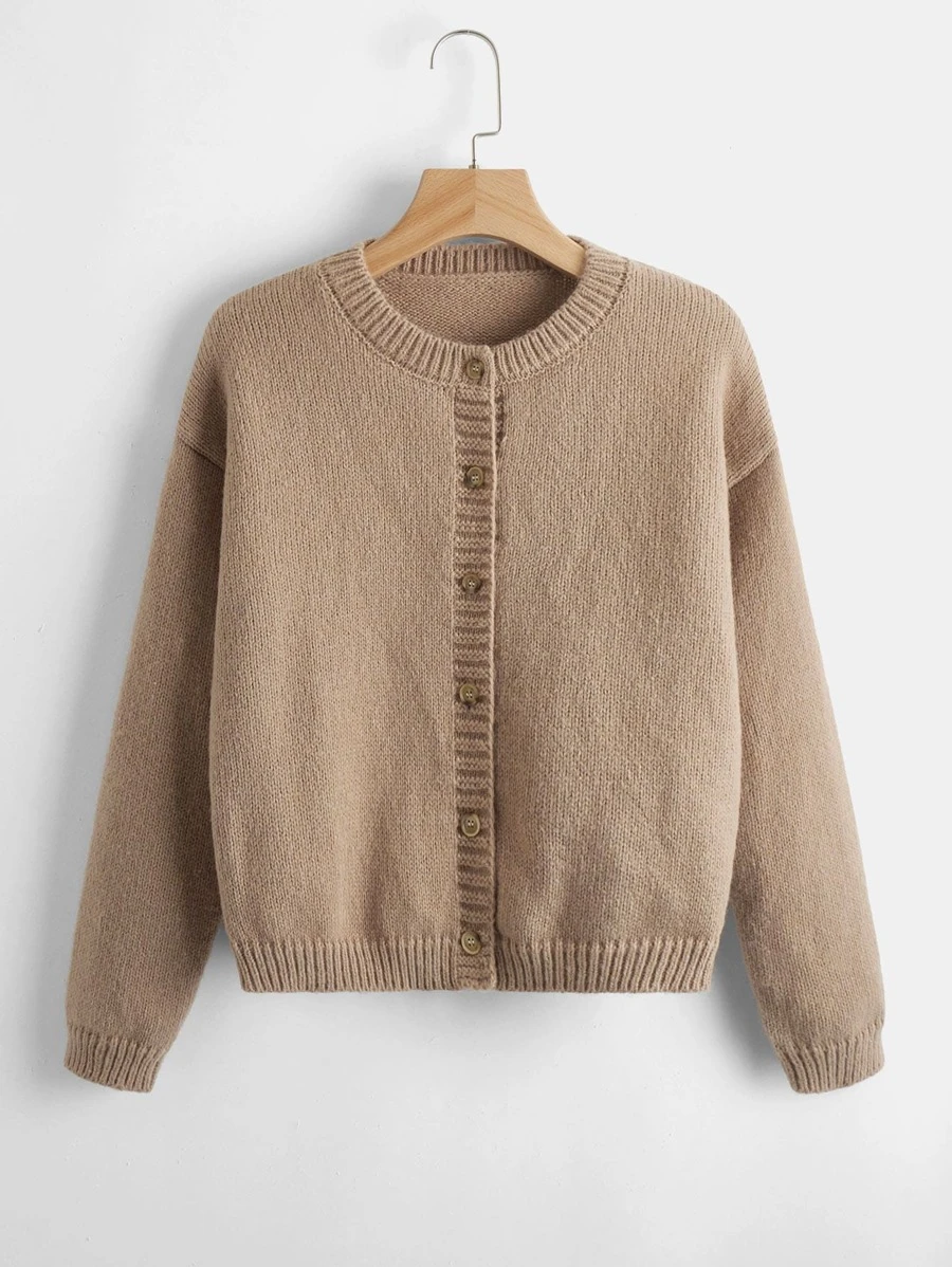 Cárdigan de hombros caídos tejido de canalé - Caqui - Ver 1