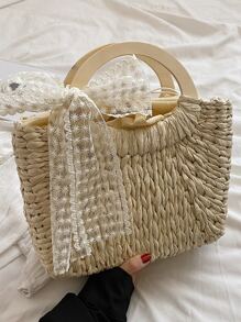 Minimalist Bow Decor Straw Bag - Beige - View 7