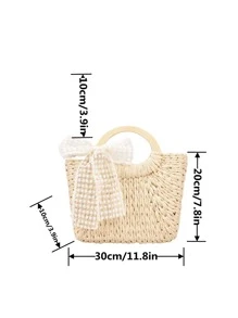 Minimalist Bow Decor Straw Bag - Beige - View 3