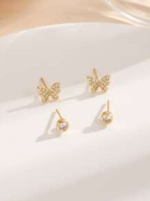4入組/套方晶鋯石蝴蝶裝飾耳釘 - 金黃色 - 查看 4