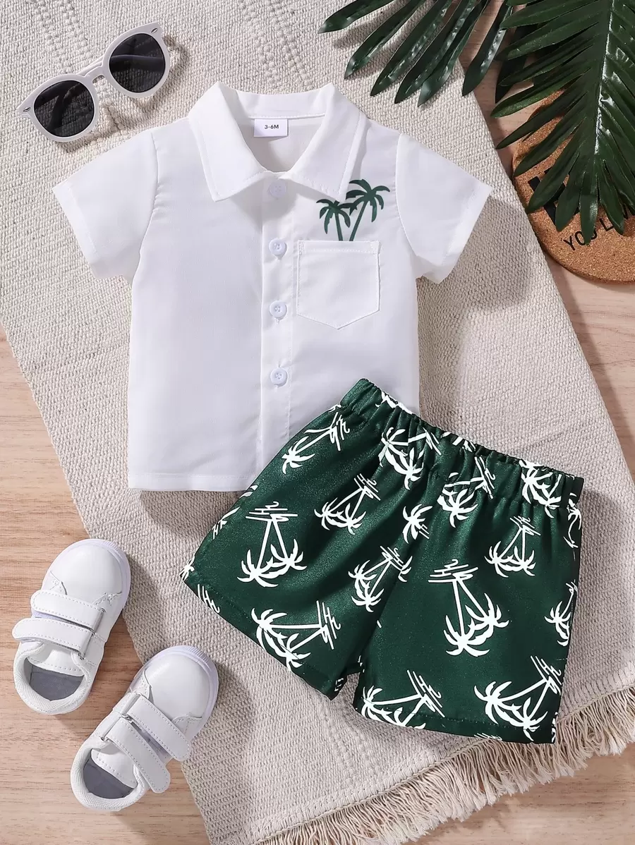 寶寶男孩椰樹圖案休閒度假襯衫和短褲套裝,夏季 - 彩色 - 查看 1