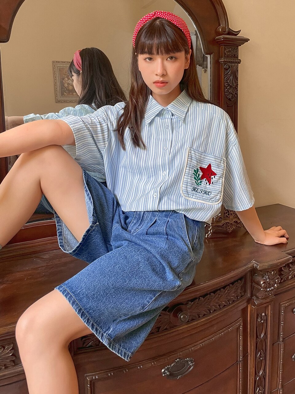Striped Print Embroidery Pocket Patched Shirt