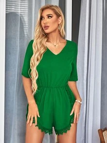 SHEIN LUNE 蕾絲拼接後綁帶連身短褲 - 綠色 - 查看 4