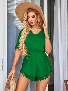 SHEIN LUNE 蕾絲拼接後綁帶連身短褲 - 綠色 - 查看 5
