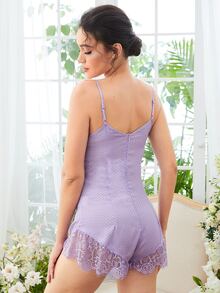 SHEIN 格紋蕾絲拼接褶邊吊帶連體短褲 - 紫丁香色 - 查看 2
