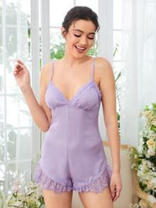 SHEIN 格紋蕾絲拼接褶邊吊帶連體短褲 - 紫丁香色 - 查看 3